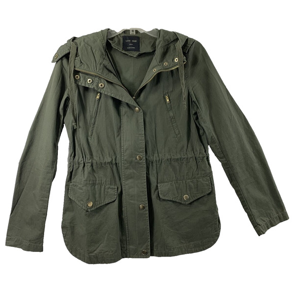 Love‎ Tree Jacket Womens Small Military Green Hooded Zip Snap Drawstring Waist - Picture 1 of 12